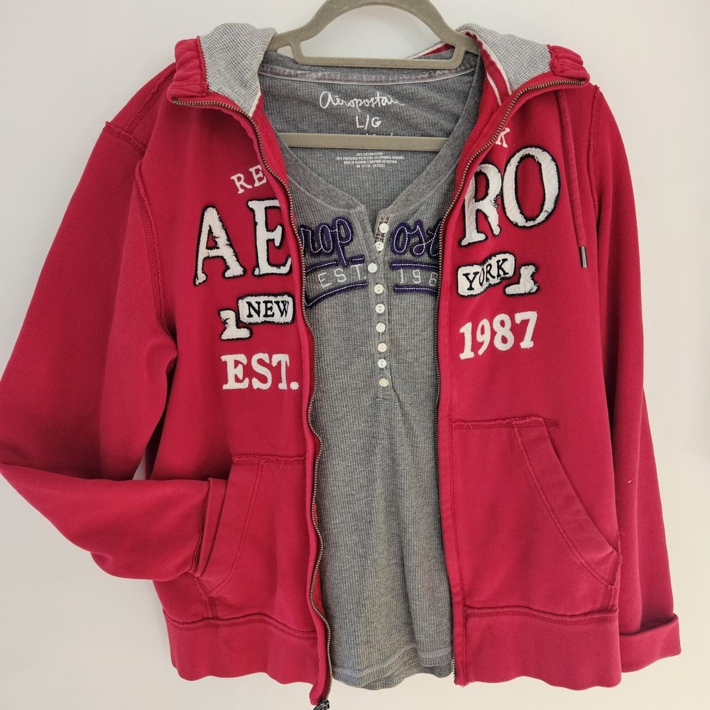 Aeropostale 2000s Vintage Y2K Red White Zipup Hoodie Button Shirt Size M L